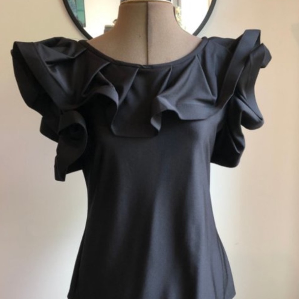 Moa Moa Black ruffle neckline short sleeve tank statement blouse.